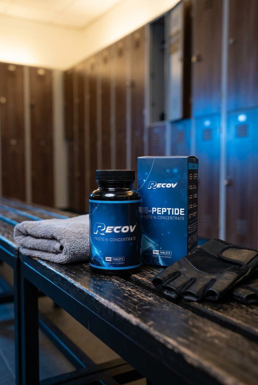 RECOV Bi-Peptide Protein Concentrate bottle in gym locker room